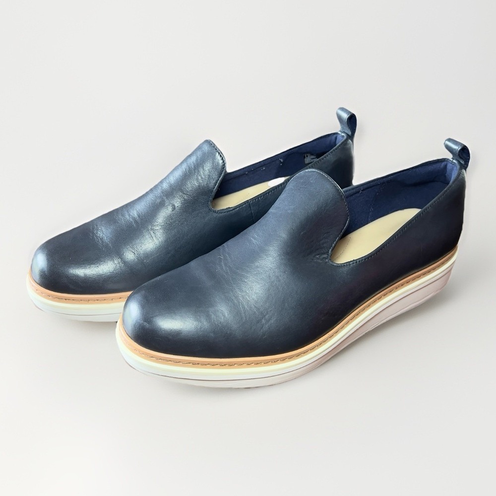 Clarks Shoes Womens Teadale Genna Loafers Navy Leather Wedge Low Size 10‎